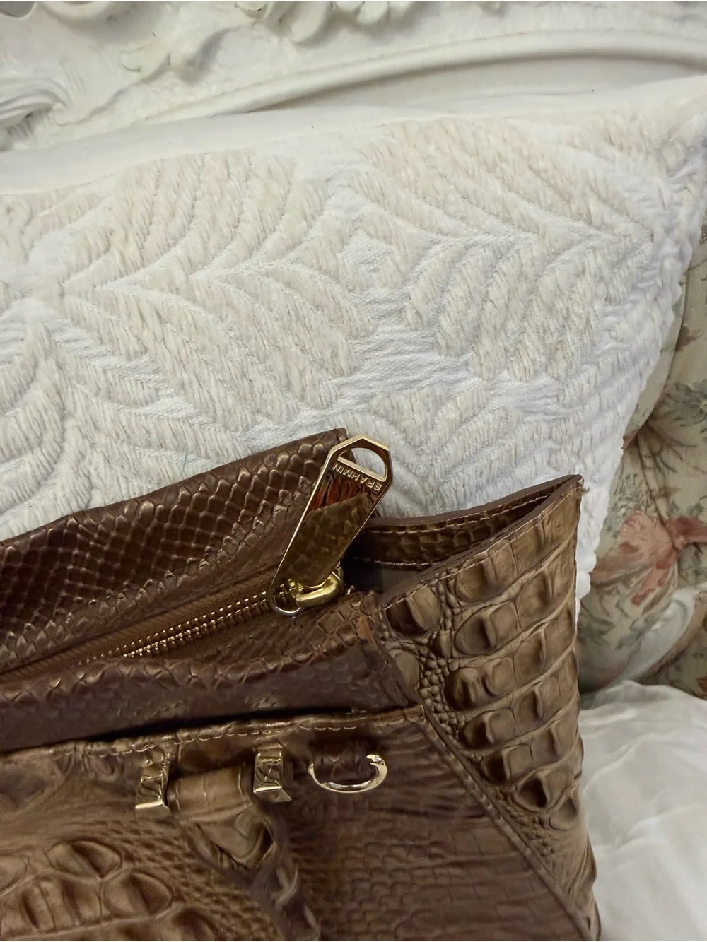 Croc-Embossed Tote in Beige and Brown with Red Trim